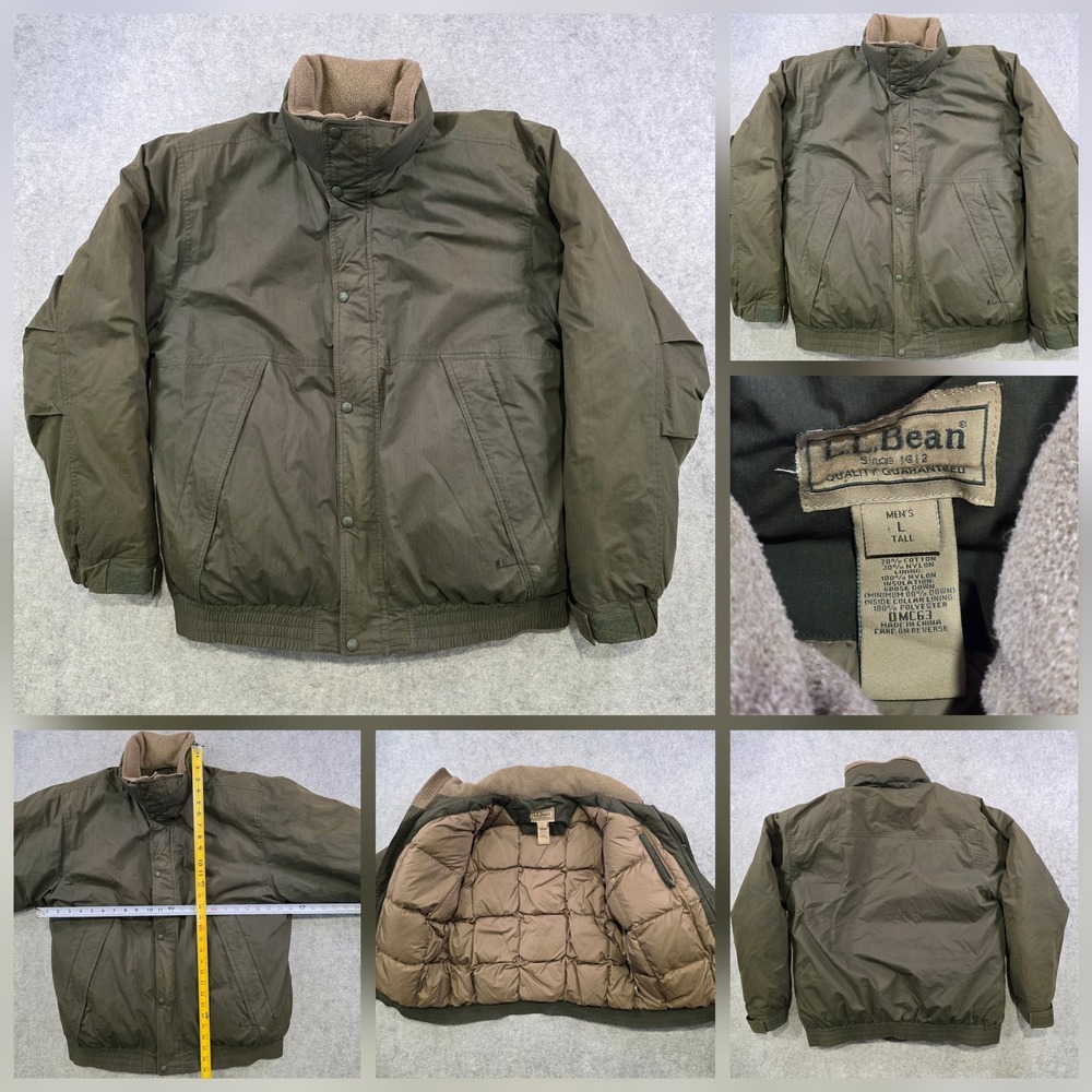 LL Bean Jacket Mens LT Green Down Puffer Bomber Full‎ Zip Elastic Hem